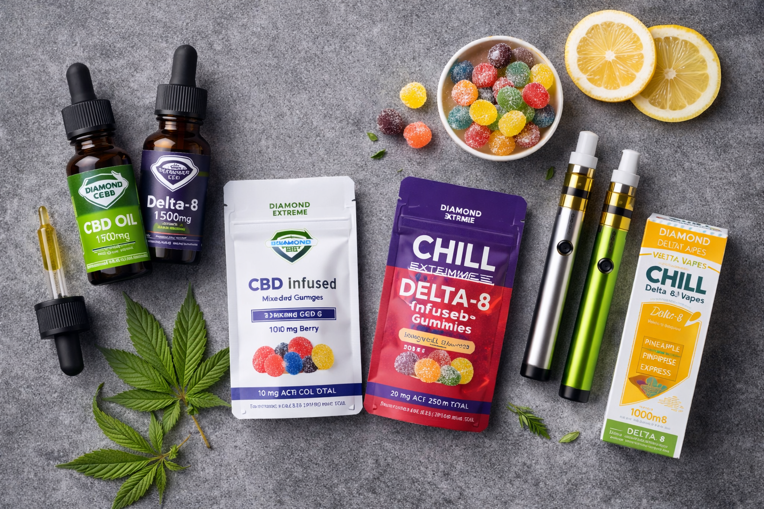 Diamond CBD products flat lay oils gummies vapes top view