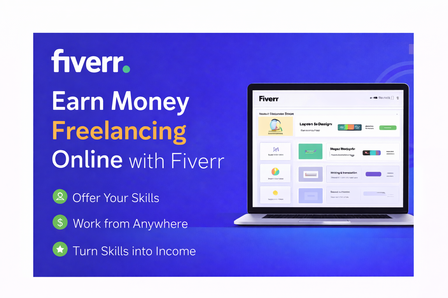 Fiverr freelancing platform to earn money online by offering digital services from home