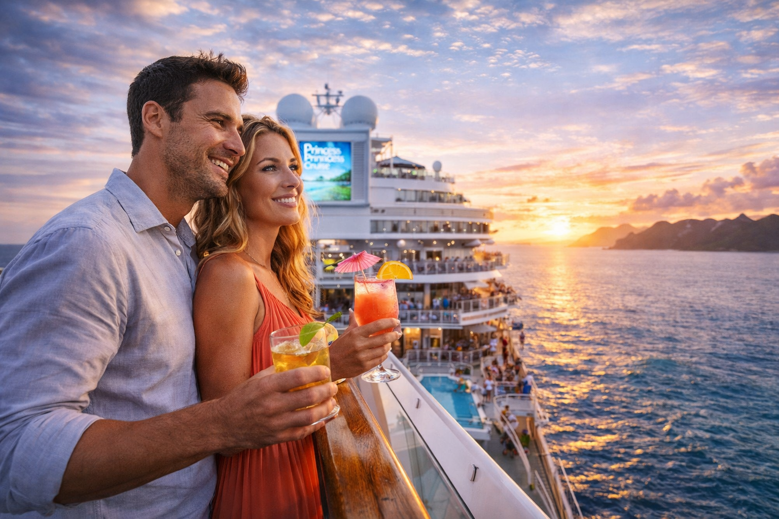 Couple enjoying drinks on Princess Cruise ship at sunset luxury cruise vacation experience