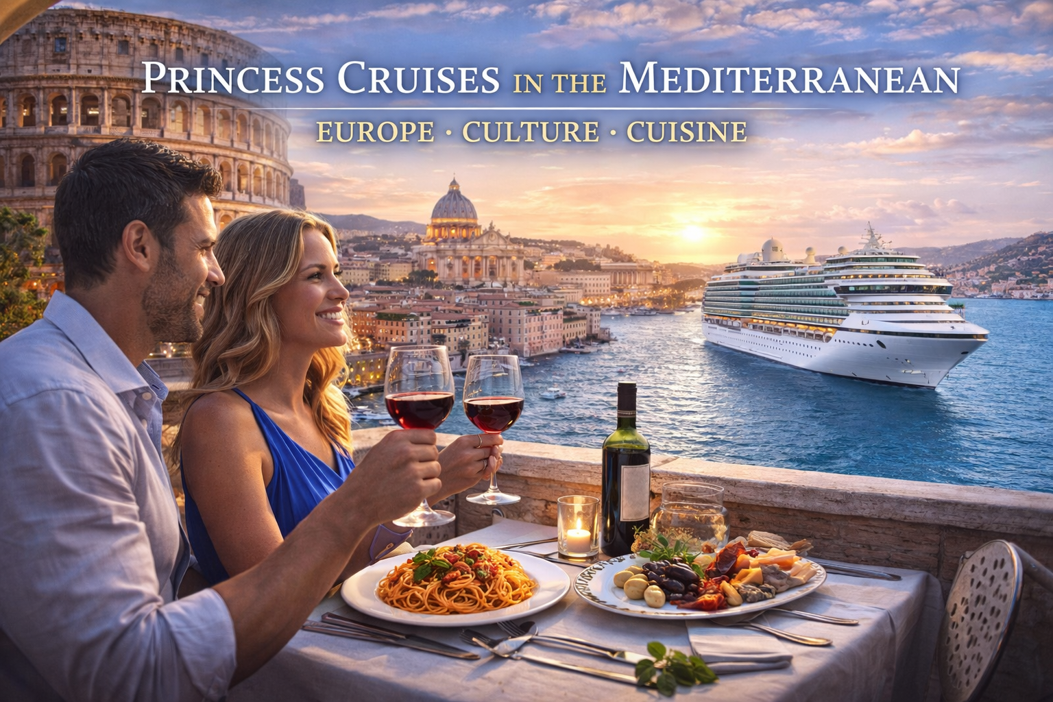 Princess Cruise Mediterranean luxury couple dining sunset Europe cruise experience